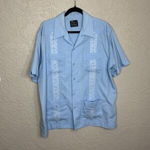 VINTAGE Men's Guayabera Shirt XL Baby Blue Short Sleeve Vacation Cruise Casual